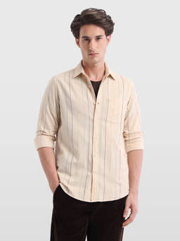 Arrow Sports - Mens Corduroy Vertical Striped Shirt Beige