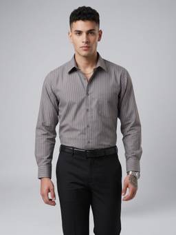 Charagh Din - Blended Regular Fit Business Formal Stripes Shirts Brown