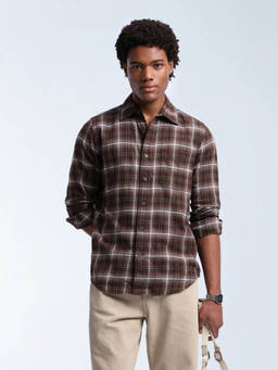 Flying Machine - Mens Twill Grid Tattersall Checked Shirt Brown