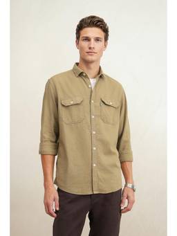 Louis Philippe - Men Khaki Slim Fit Full Sleeves Casual Shirt