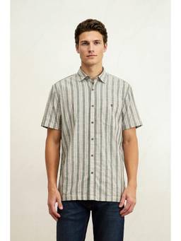 Louis Philippe - Men Dark Green Slim Fit Striped Half Sleeves Casual Shirt