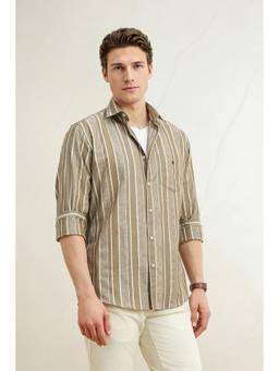Louis Philippe - Men Khaki Slim Fit Striped Full Sleeves Casual Shirt