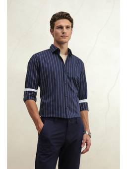 Louis Philippe - Men Navy Slim Fit Striped Full Sleeves Casual Shirt