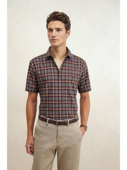 Louis Philippe - Men Maroon Slim Fit Checked Half Sleeves Casual Shirt