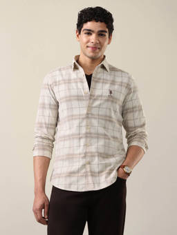 U.S. Polo Assn. Denim Co. - Mens Corduroy Grid Tattersall Checked Shirt Beige