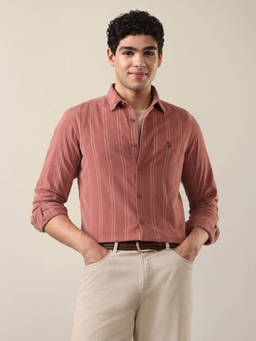 U.S. Polo Assn. Denim Co. - Mens Corduroy Self Design Vertical Striped Shirt Pink