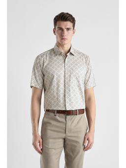 Van Heusen - Men Off White Custom Fit Printed Half Sleeves Formal Shirt