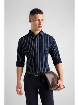 Van Heusen - Men Navy Knit Polo Slim Fit Striped Full Sleeves Casual Shirt