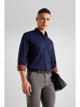 Van Heusen - Men Navy Knit Polo Slim Fit Full Sleeves Formal Shirt