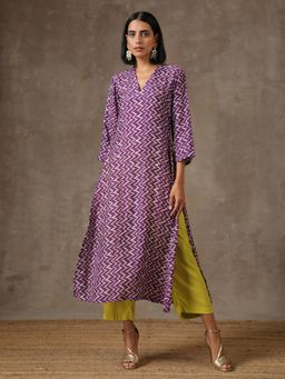 trueBrowns - Purple White Lehariya Printed Silk Kurta Pant (Set of 2)