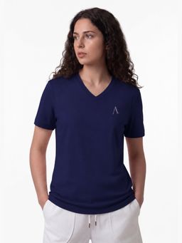 Alonge - Navy Blue cotton Signature V Neck T-Shirt
