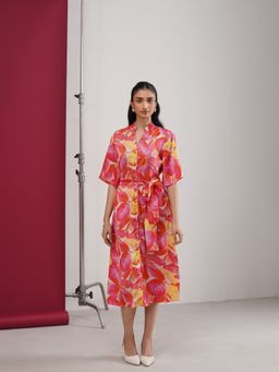AMOSHI - Multi-Color Tropical Midi Dress with Belt
