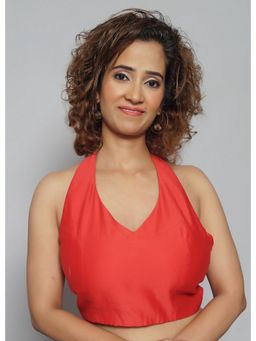 Palash - Red Halter Neck Chanderi Stitched Blouse