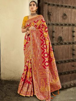 Odette - Women Mustard Jacquard Woven Design Saree with Unstitched Blouse