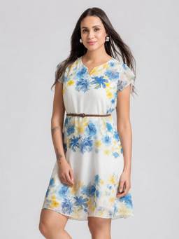 SHAYE - Women White Printed Crepe Dress, Belt