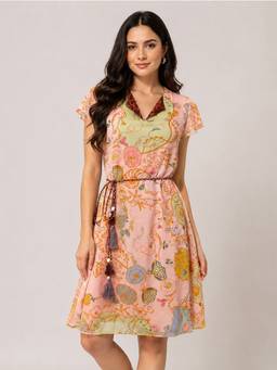SHAYE - Women Pink Printed Chiffon Dress, Belt