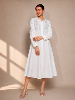 SHAYE - Women White Embellished/Sequined Cotton Dress