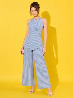 Buynewtrend - Women Blue Stripes Cotton Top, Pant