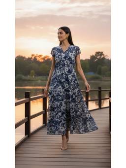 Souchii - Women Blue Floral Synthetic Dress