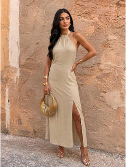 Naava - Women Beige Solid/Plain Muslin Dress