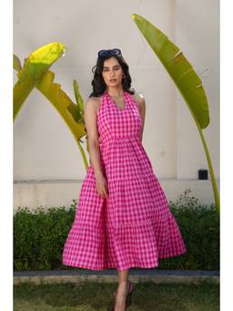 Sugnaa - Women Pink Checks Cotton Dress