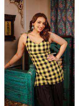 Sugnaa - Women Yellow Checks Cotton Dress
