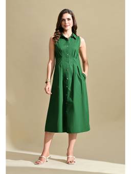 Ikonic Klaer - Women Green Solid/Plain Cotton Dress