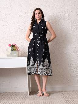 Ikonic Klaer - Women Black Floral Cotton Dress