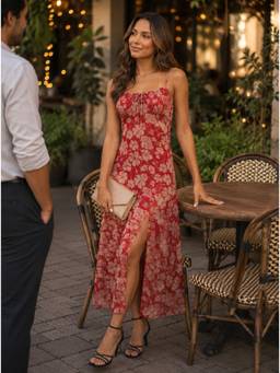 Moomaya - Women Red Printed Chiffon Dress