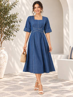 STUDIO MISRI - Women Navy Blue Embroidered Denim Dress