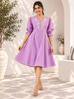 STUDIO MISRI - Women Purple Embroidered Cotton Flex Dress