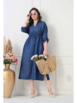 TBOJ - Women Blue Solid/Plain Cotton Dress