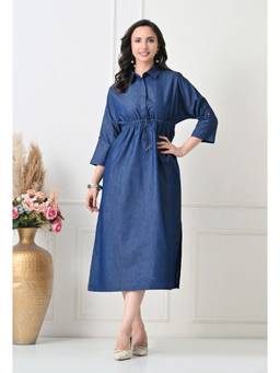 TBOJ - Women Blue Solid/Plain Cotton Dress