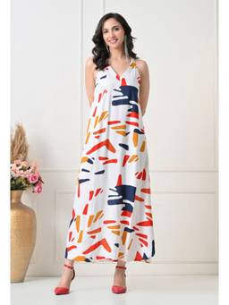 TBOJ - Women White Printed Viscose Rayon Dress