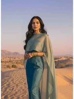 Naava - Women Teal Solid/Plain Dupion Silk Top, Cape