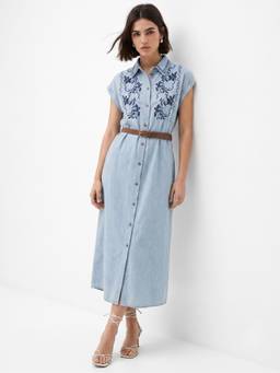 Outzidr - Women Blue Embroidered Polyester Dress with Belt