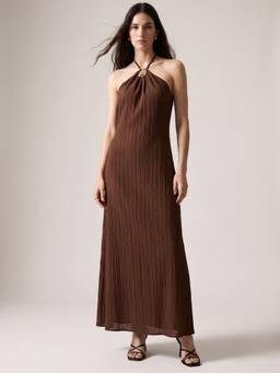 Outzidr - Women Brown Solid/Plain Polyester Dress