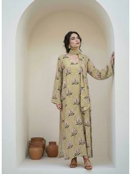 Naava - Women Green Floral Muslin Dress, Scarf