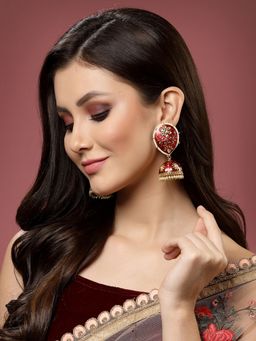 PANASH - Red Gold Plated Kundan Stone Meenakari Jhumka Earrings