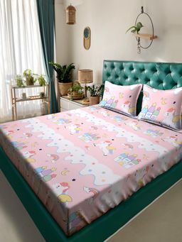 ARRABI - Pink Cartoon Cotton Blend King Kids Bedsheet with 2 Pillow Covers