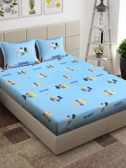 ARRABI - Blue Cartoon Cotton Blend King Bedsheet with 2 Pillow Covers