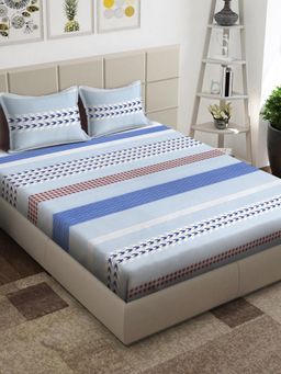 ARRABI - Blue Geometric Cotton Blend King Bedsheet with 2 Pillow Covers