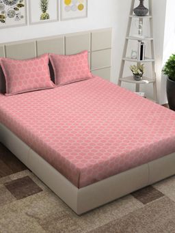 ARRABI - Pink Geometric Cotton Blend King Bedsheet with 2 Pillow Covers