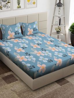 ARRABI - Blue Floral Cotton Blend King Bedsheet with 2 Pillow Covers