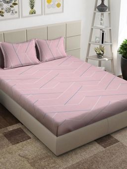 ARRABI - Pink Geometric Cotton Blend King Bedsheet with 2 Pillow Covers