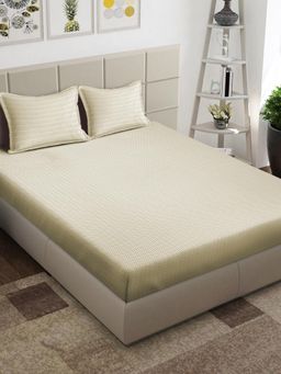 ARRABI - Brown Geometric Cotton Blend King Bedsheet with 2 Pillow Covers