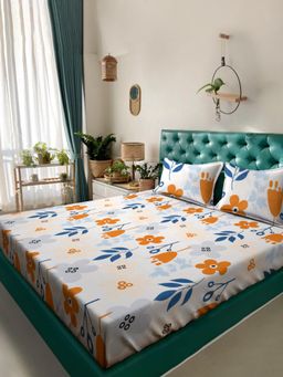 ARRABI - White Floral Cotton Blend King Bedsheet with 2 Pillow Covers