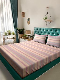 ARRABI - Multi-Color Stripes Pure Handwoven Cotton Super King Bedsheet with 2 Pillow Covers