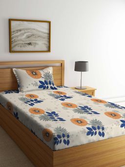 ARRABI - Cream Floral Cotton Blend Single Bedsheet with Pillow Cover