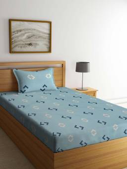 ARRABI - Blue Graphic Cotton Blend Single Bedsheet with Pillow Cover